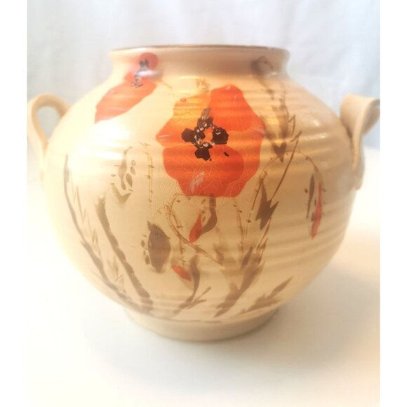 Ceramic Poppy Vase Wide Scroll Handles Art Deco Circa 1940s Floral Pottery - Picture 3 of 11